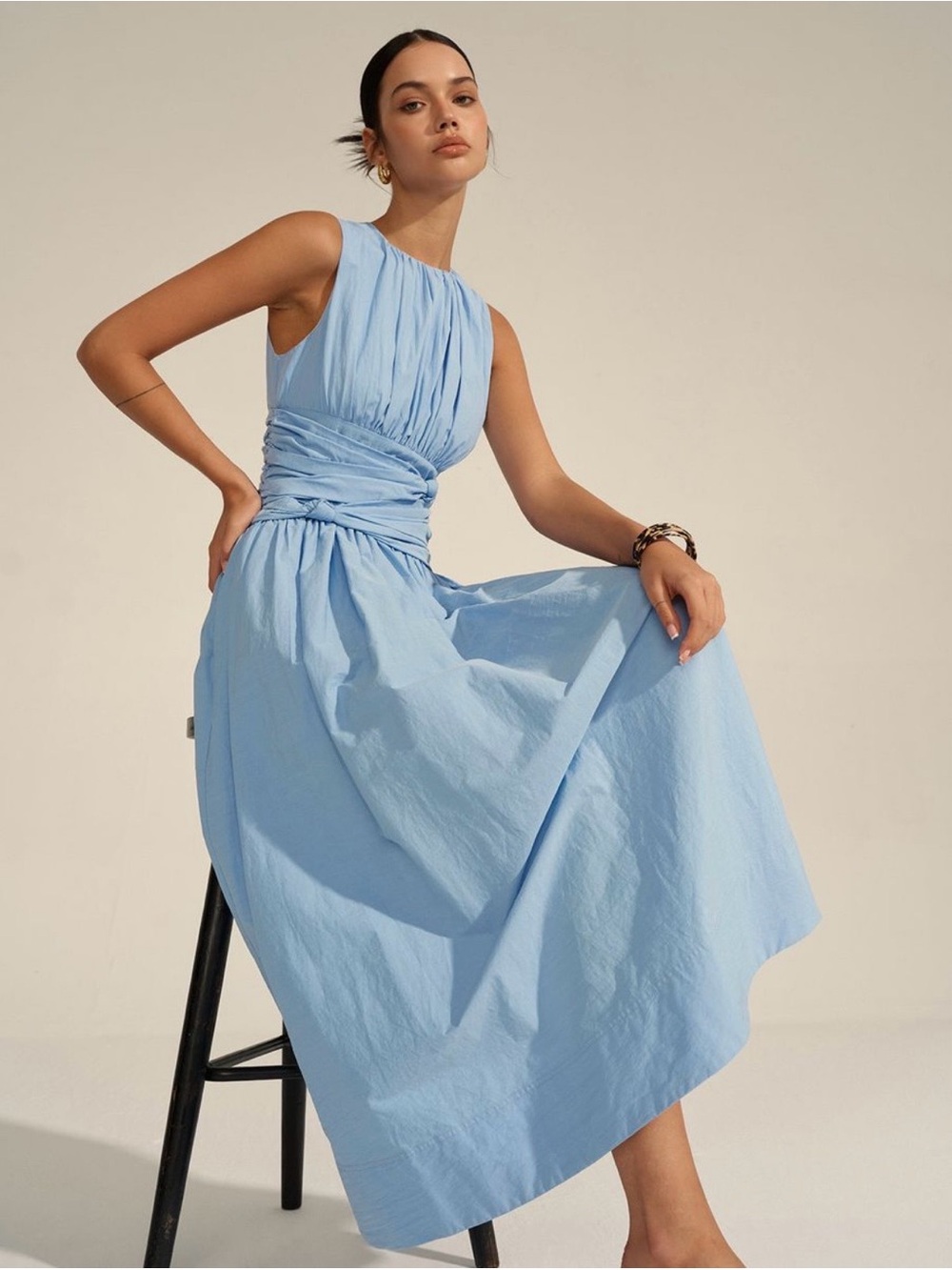 Commense Sleeveless Sky Blue Ruched-Waist Maxi Dress